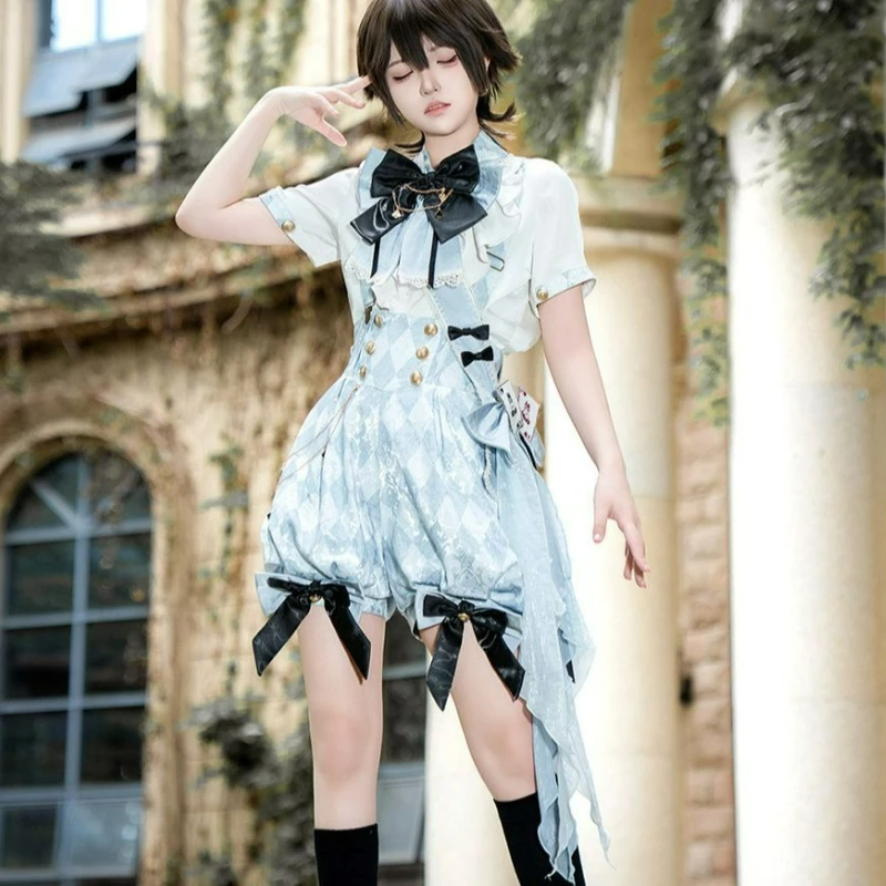 Vintage Gothic Lolita Strap Shorts Suit Women Vintage Sweet Bow Short Sleeve Shirt Plaid Shorts Japanese Harajuku Y2k Prince Set