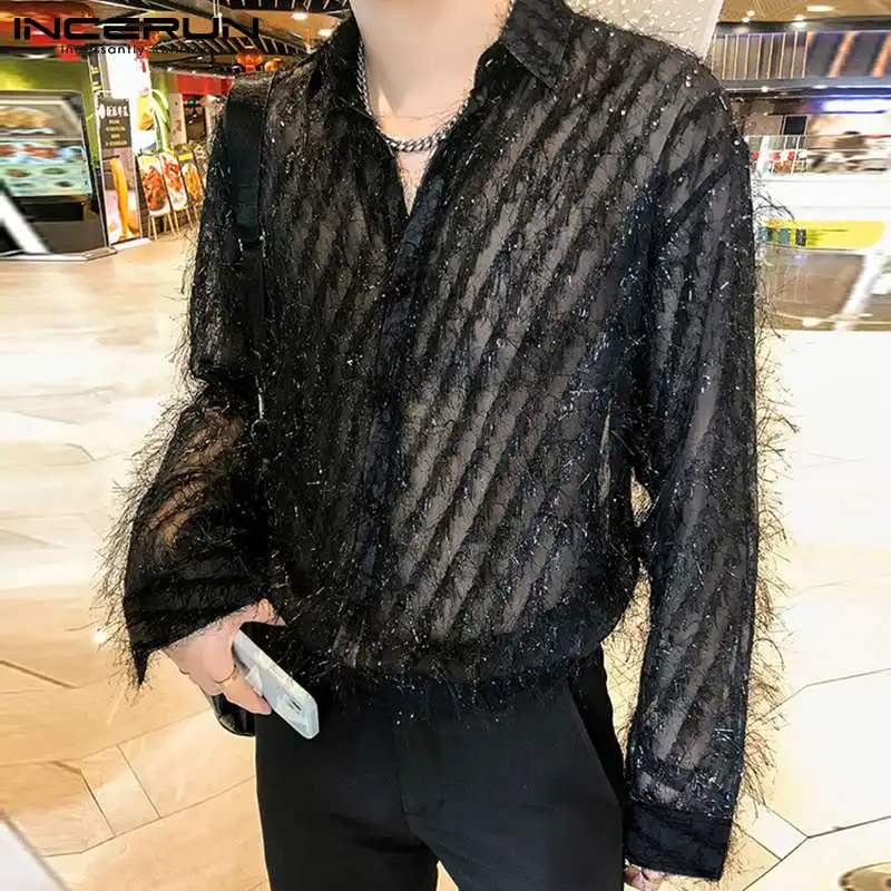 2024 Men\'s Shirt Mesh Transparent Striped Tassel Lapel Long Sleeve Casual Men Clothing Streetwear Party Fashion Shirts INCERUN