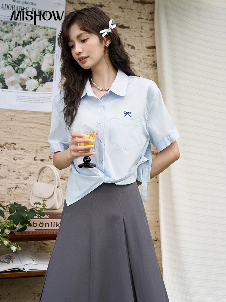 MISHOW Same Color Bow Embroidered Shirt Summer 2024 Lapel Collar Asymmetric Hem 100 Cotton Casual Short Sleeved Top MXD23C0257