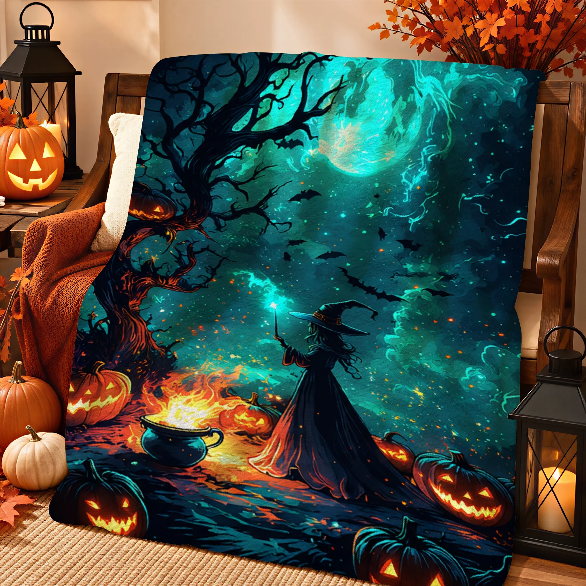 1pc 2d Printed Witch Casting Spell Under Moonlit Tree with Glowing Pumpkins And Bats Flying In Mystical Night Sky Halloween Blan