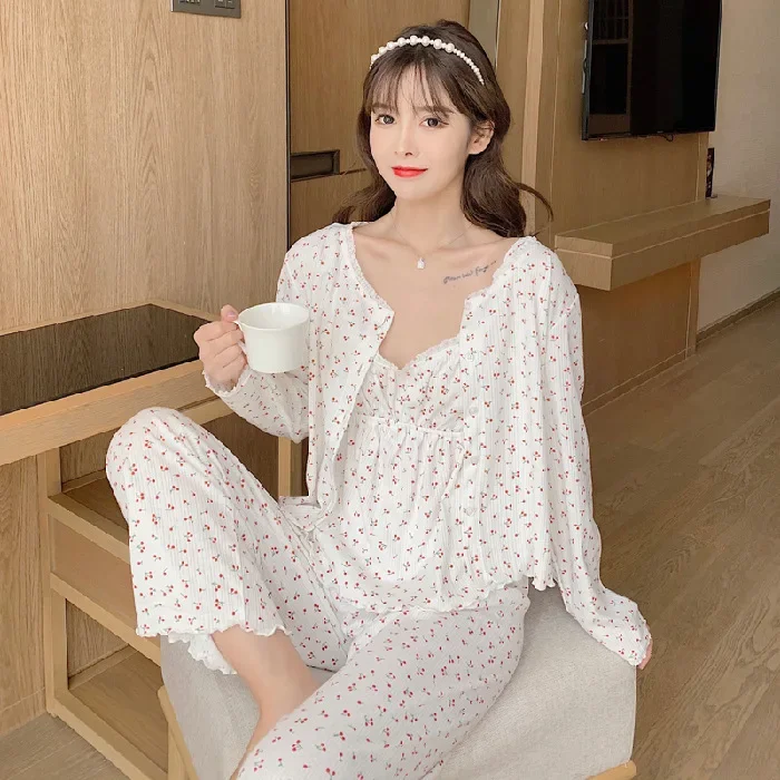 New Ladies Pajamas Set 3Pcs Cardigan+Camisole+Pants Cotton Femme Sleepwear Spring Autumn Comfort Loose Homewear