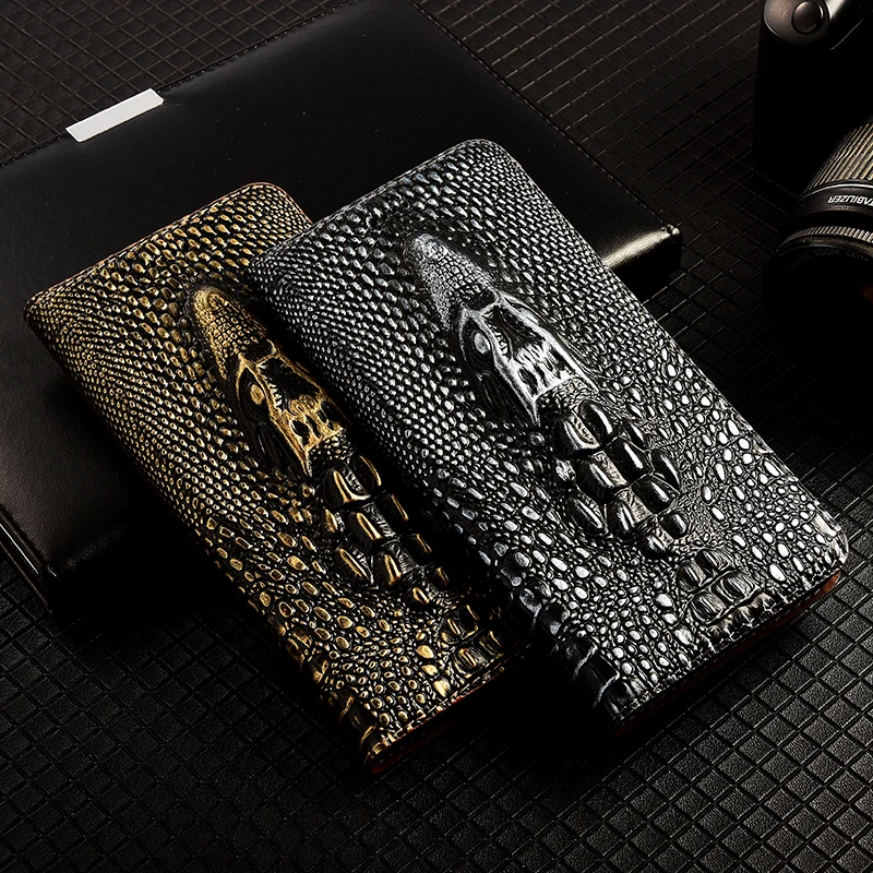 Retro Style Crocodile Head Genuine Leather Phone Case For vivo Y01 Y02 Y02A Y02s Y02t Y03 Y200 Y200e Y200i Magnetic Flip Cover