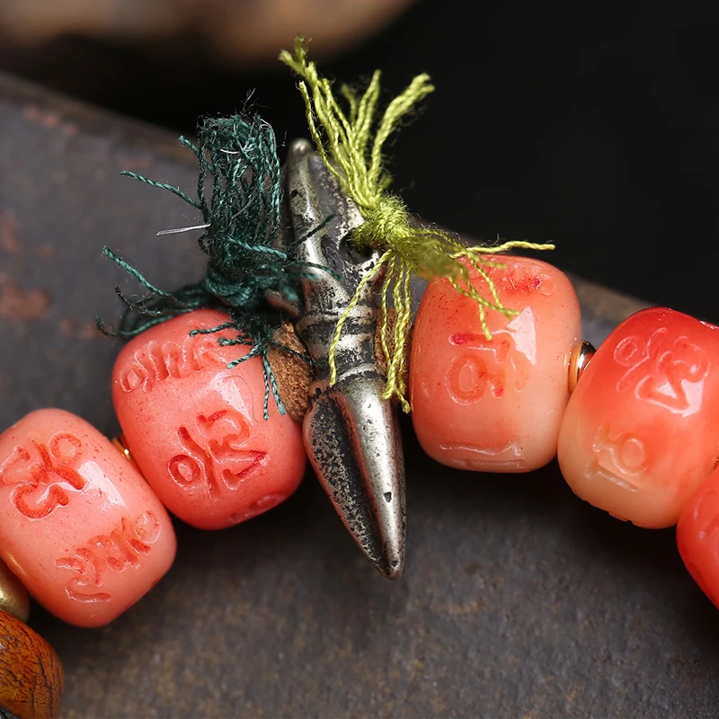 Half-Hemated Bracelet With Beads, Six-Character Mantra, Single Strand, Ivory Fruit, Yak Bone, And Copper Acces