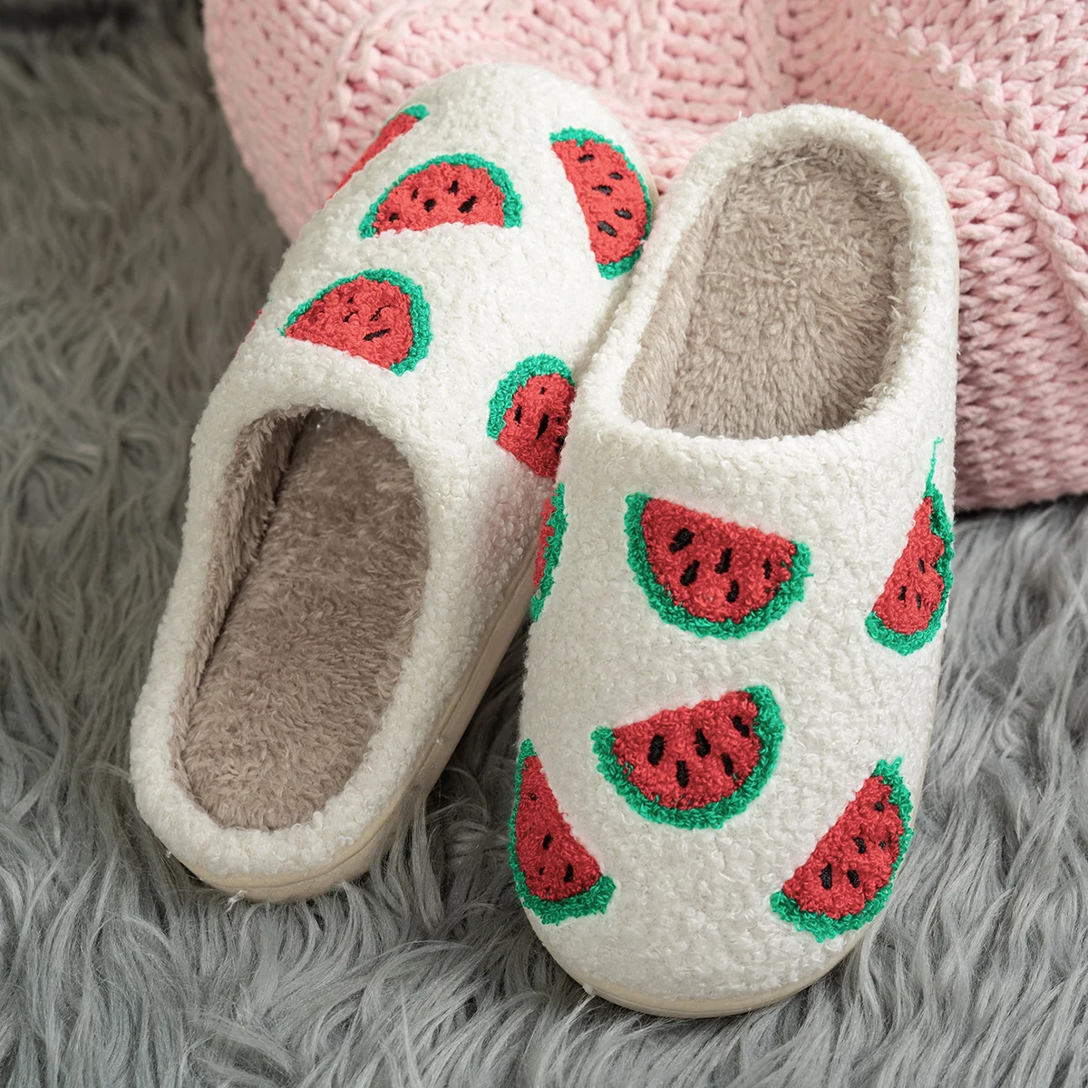 Cartoon Fruit Watermelon Fashion Warm Bedroom Women's Slippers Indoor Winter Non Slip Soft Sole Comfortable Cute Home Mute Shoes - view 2