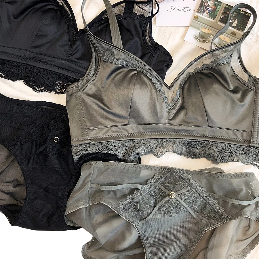 KUCLUT Size Thin Cotton Cup Intimates Lace Women Sexy Push Up Lingerie Sets Wireless Silky Satin Mesh Luxury Lady Underwear