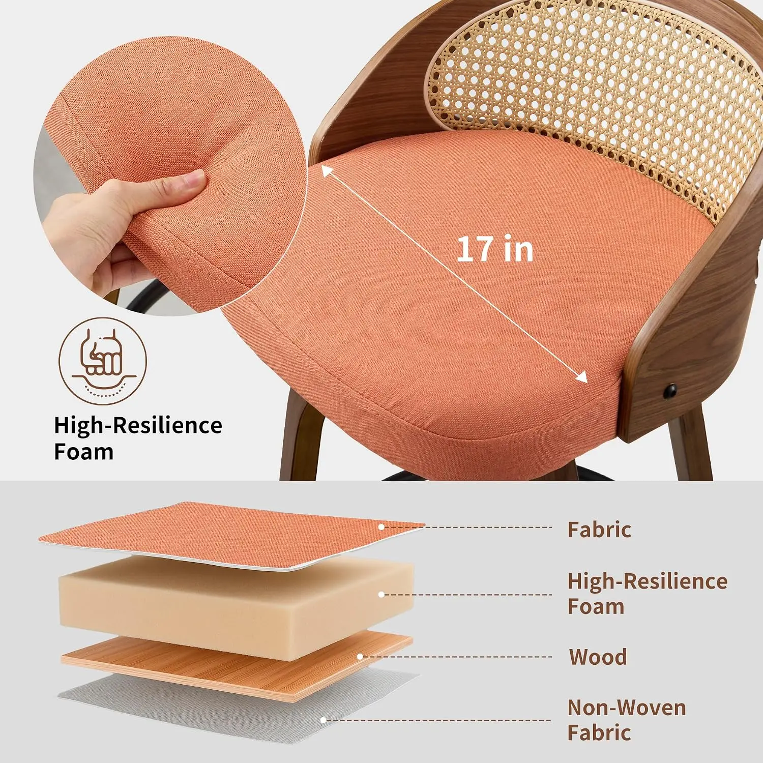 26 inch Swivel Bar Stools with Back, Set of 2 Mid-Century Modern Walnut Bar Chairs, Orange Textured Fabric Upholstered Counter S