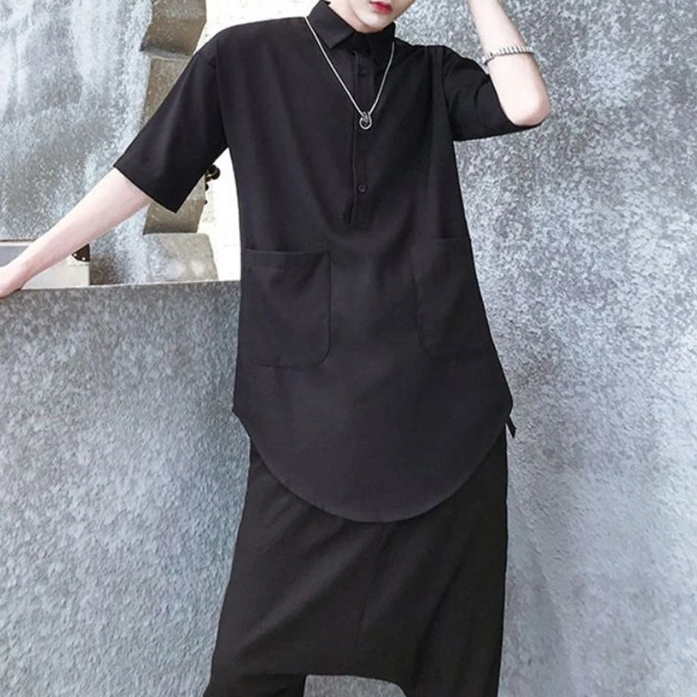 Mens Shirt Y2k Rounded Hem Mid-Length Slim Dark Style Shirt Streetwear Youth Campus Short-Sleeved Top Men'S Clothing 2025 New