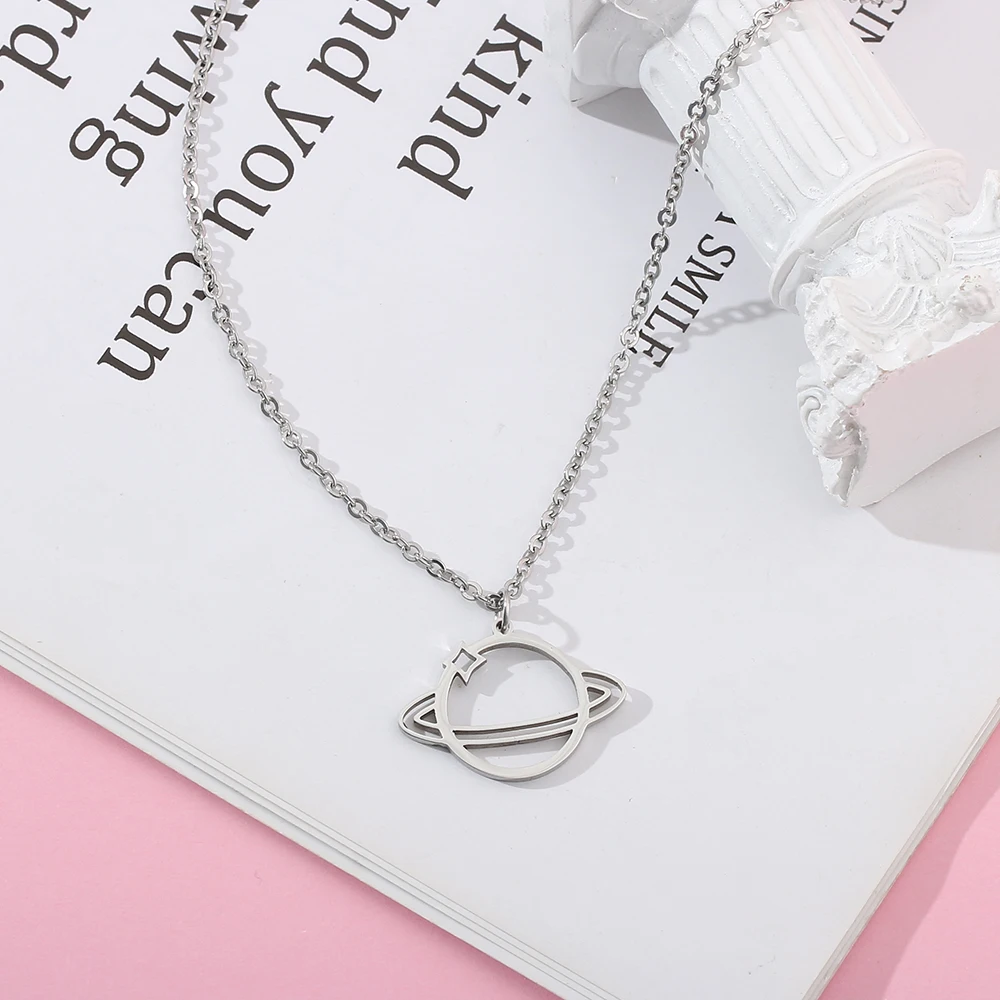 Universe Planet Pendant Necklace Hollowed-out Heavenly Link Chain Stainless Steel Jewelry Gift for Women Decorative Accessory