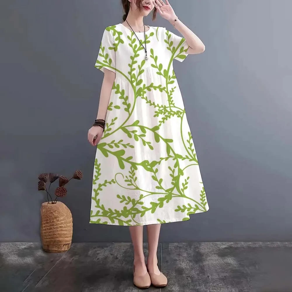 2024 New Women'S Elegant Party Dress With Green Leaf Vine Print Short Sleeved Dress Casual Loose Fit Available In Various Sizes