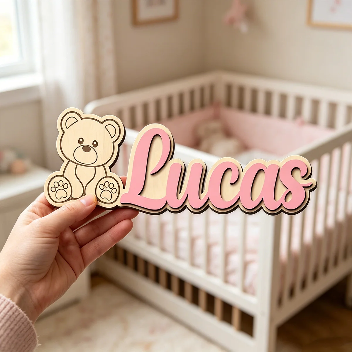 1pc double-layer wooden surname brand, teddy bear pattern, personalized children's room decoration, baby name identification view 2