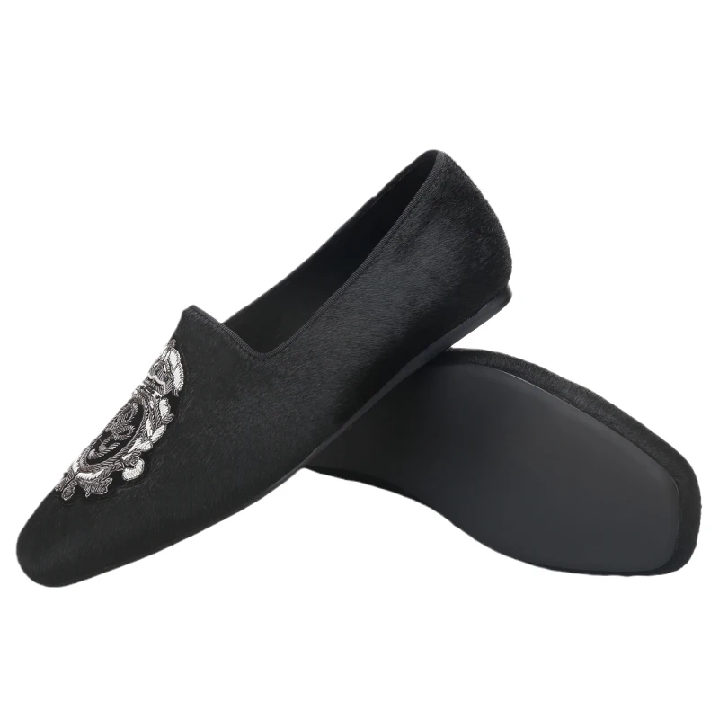 Piergitar 2026 Black Horsehair Men's Loafers With Handmade Sliver “DG” Embroidery Patches Royal Style Slip-On Smoking Slippers