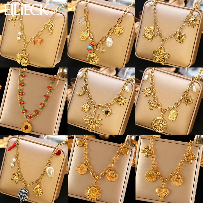 Eilieck 316l aço inoxidável sol coração flor pingente colar 18k banhado a ouro acessórios charme jóias artesanais para mulher menina