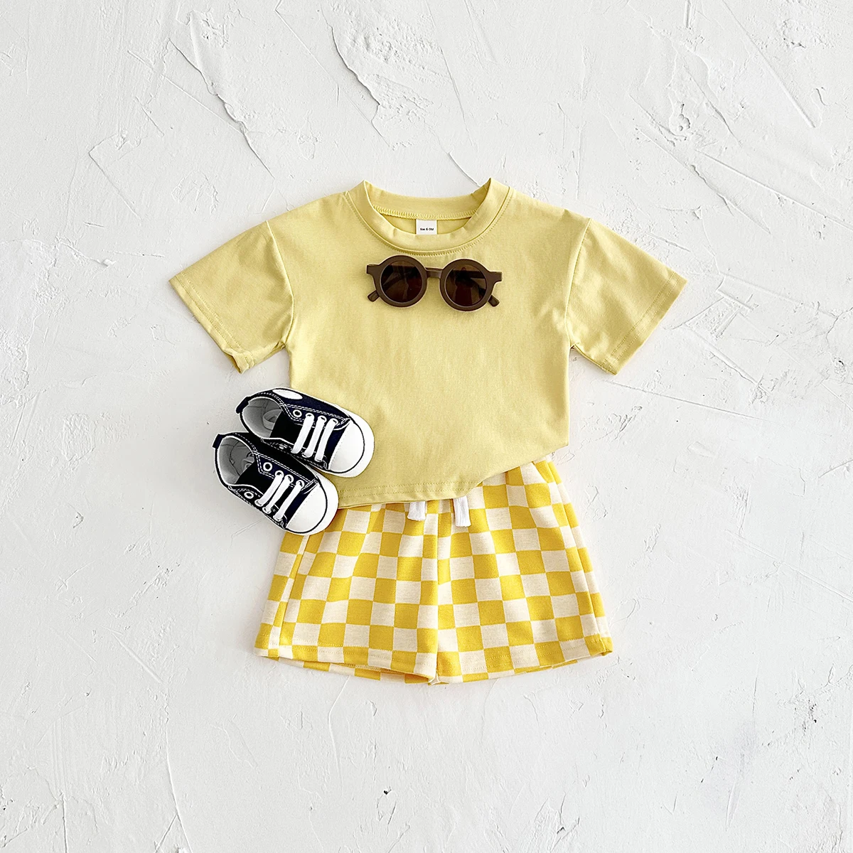 2PCS Summer Newborn Boys Girls Clothing Baby Set Solid Short Sleeved T-shirt+Checkerboard Shorts Cotton Casual 0-3Y