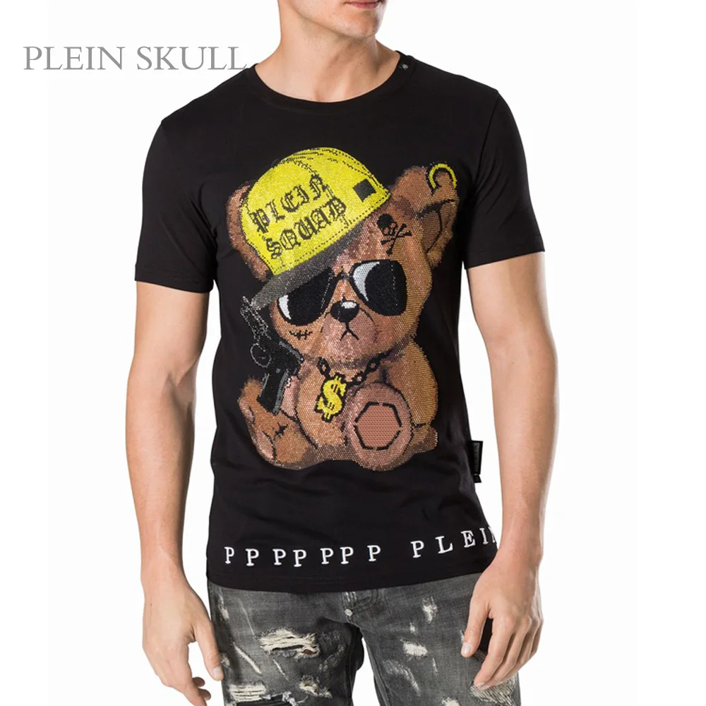 

Модная мужская футболка PLEIN SKULL из хлопка, весна-лето, с милым медвежонком, короткий рукав, ретро-стиль, унисекс, спортивный воротник.