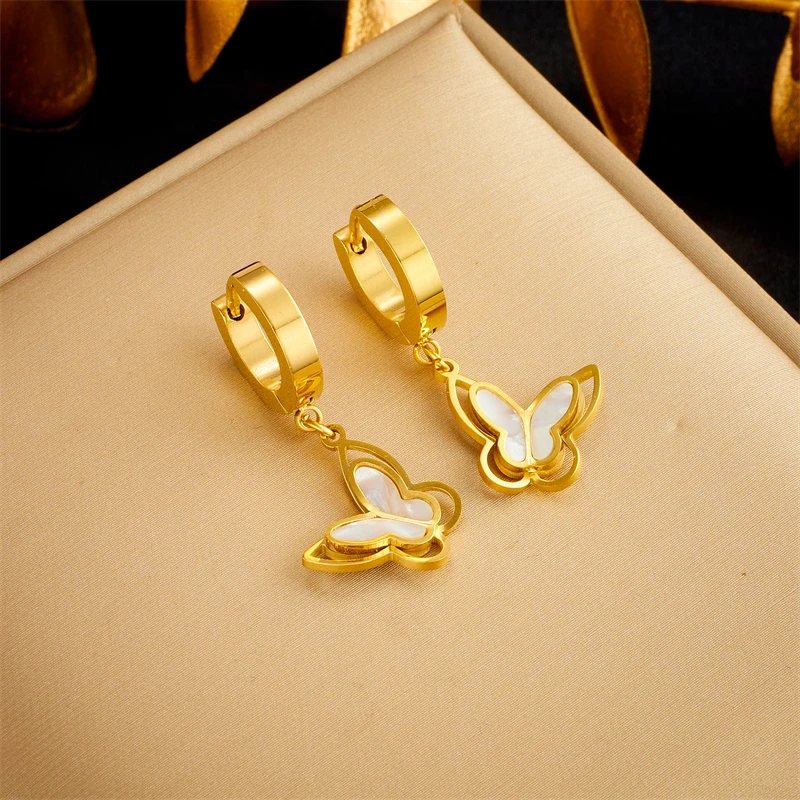 DIEYURO 316L Stainless Steel Gold Color Butterfly Pendant Earrings For Women Girl Ear Buckle Fashion New Trendy Jewelry Gifts