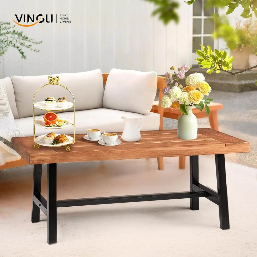 VINGLI Outdoor Wooden Coffee Table with Metal Frame - Heavy Duty 350lbs All-Weather Patio Table, Waterproof Solid Wood Top & Rus