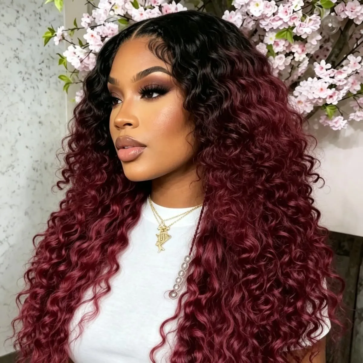 

Перуки с кружевной передней частью Ombre Burgundy Curly из натуральных волос для женщин, бразильские, 13x4 HD, 99J, глубокая волна, 250% плотность