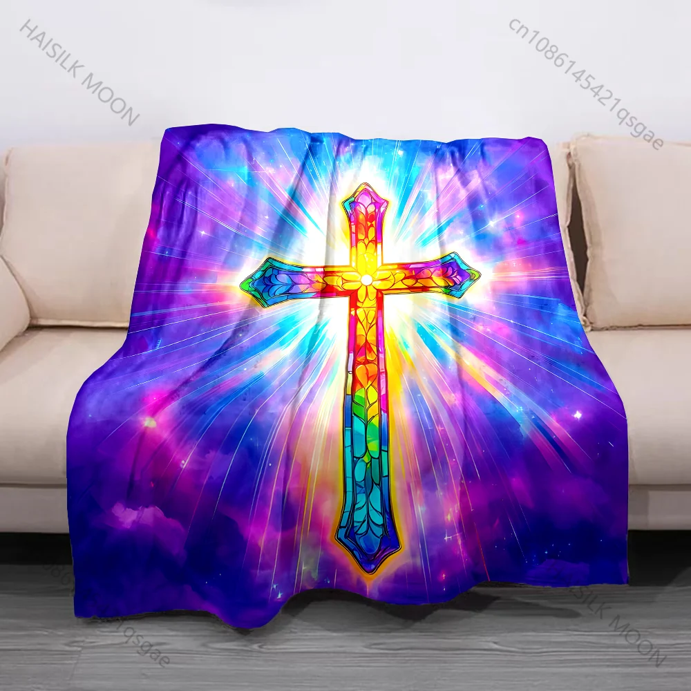 

1PC Stained Glass Cross Glow Print Believer Pray blanket Warm soft flannel material suitable for all seasons luxurious gift