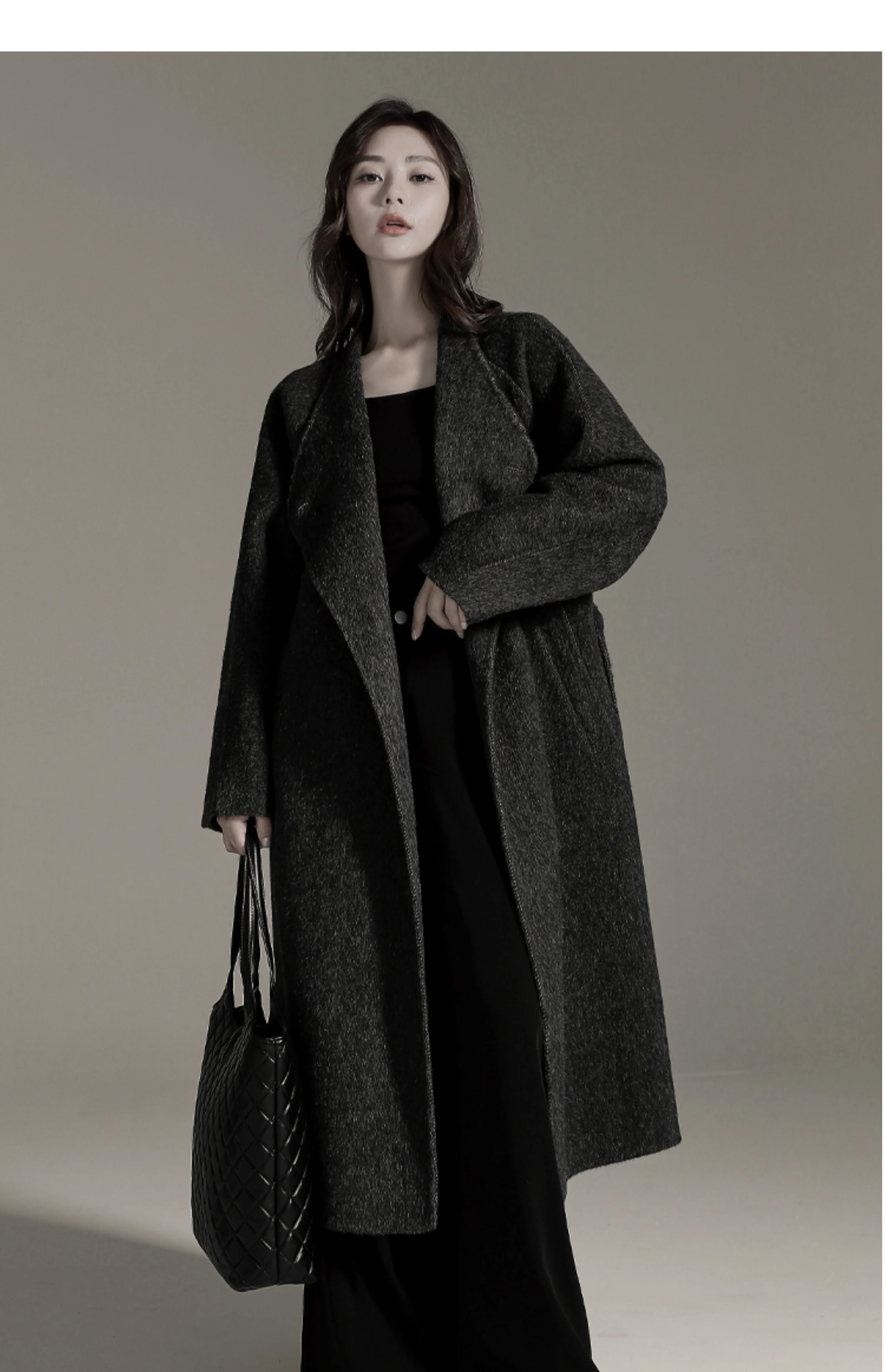 Autumn and Winter Double-sided Cashmere Women's Coat Black Wool Lace-up Coat Temperament Elegant Outdoor Business Casual Wear