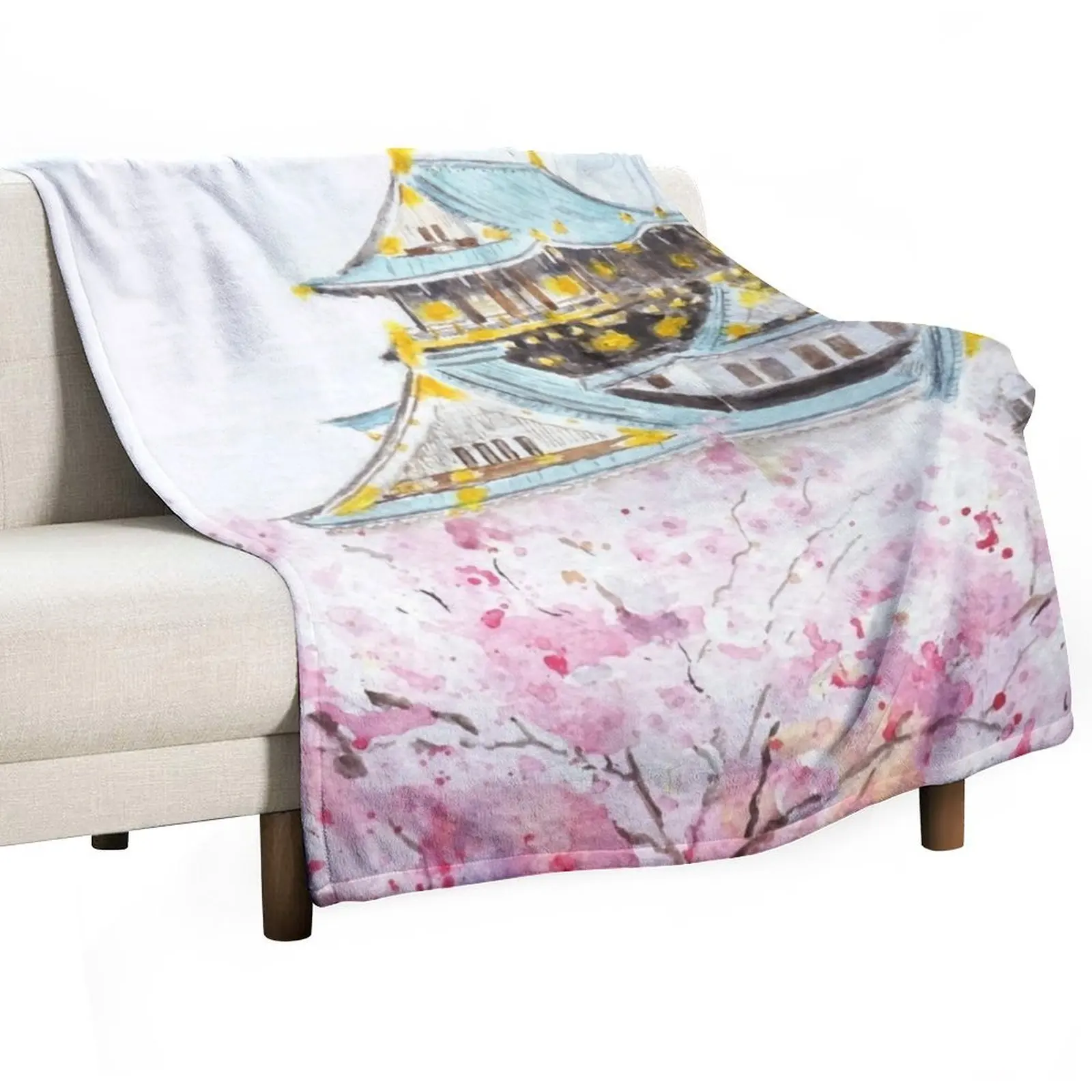 

hand painted Japan Osaka castle and sakura watercolor painting Throw Blanket Soft Plush Plaid Stuffeds anime Blankets