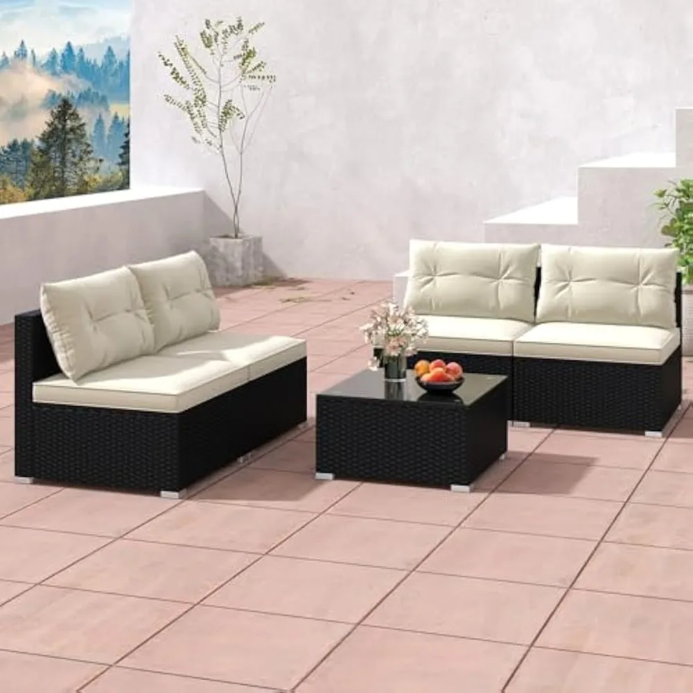 Set Sofa rotan, Set furnitur anyam luar ruangan dengan bantal kursi & belakang, meja kopi kotak, Set Sofa teras