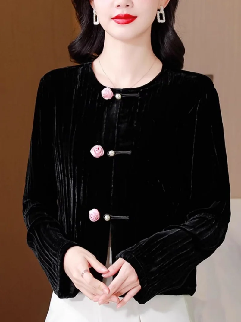 

New Chinese Style Button Jacket For Women In Autumn 2025 Fashionable Light Luxury Gold Velvet Top Coat w299 ﻿