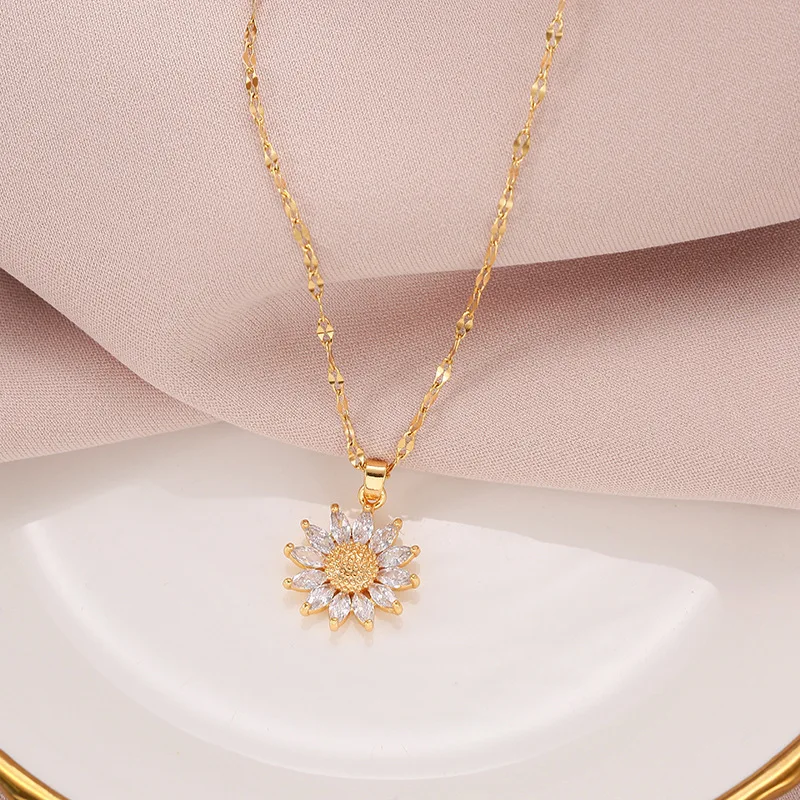 1PCS Gold-color Necklace Ladies Light Luxury Style Flower Pendant Inlaid Zirconia Titanium Steel Chain Holiday Jewelry image 4