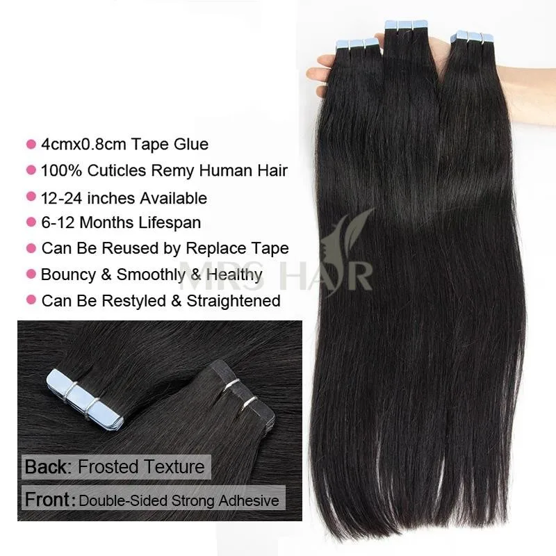 MRSHAIR Tape in Hair Extensions Silk Straight Cuticle Remy Human Hair Skin Weft Tape Ins 20pcs/Pack 12-24inch 1B 02 04