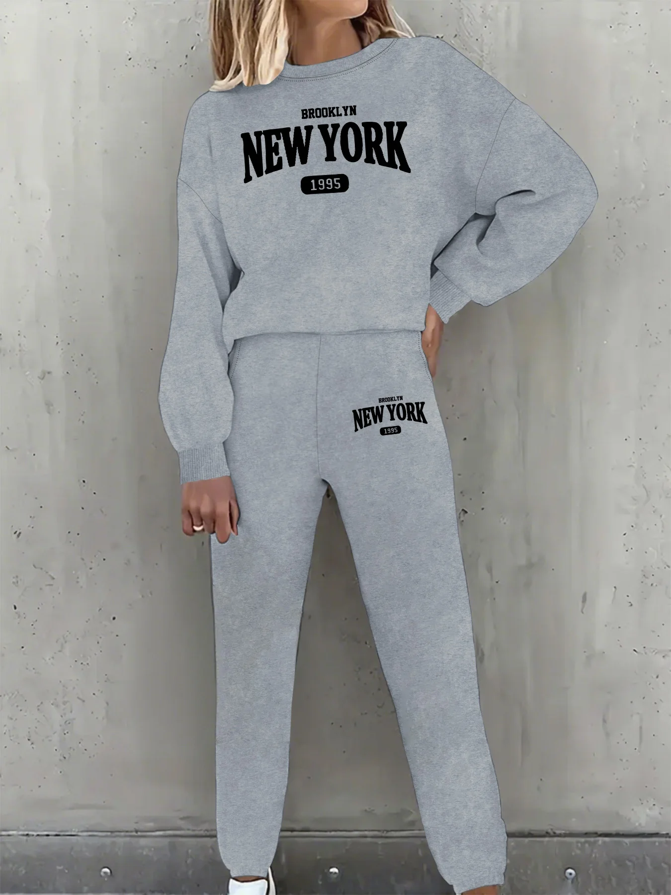 New York Print Two piece Set Casual Kangaroo Women\'s Casual Fashion Round Neck Sweatshirt, Solid Color Long Sleeves Sweatshirt,