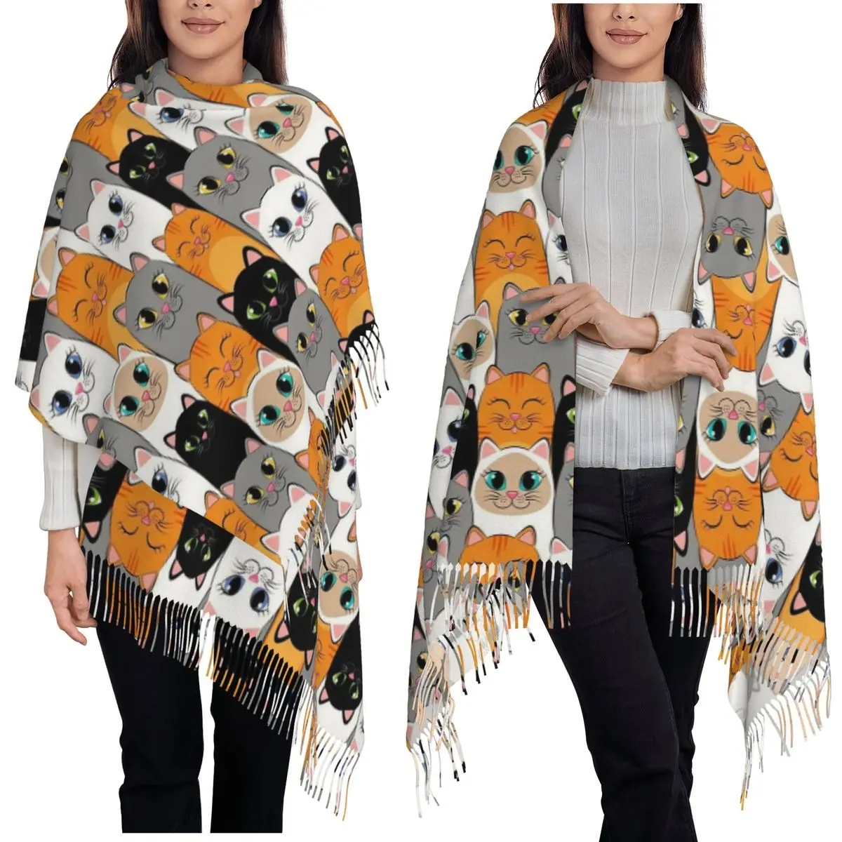 

Серый имбирь и сиамские котята, шарф с кисточками, женские мягкие теплые шали и накидки, большая осенне-зимняя шаль