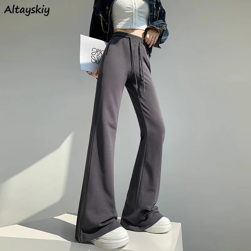 Flare Pants Women Gray Korean Fashion High Waist Solid Spring Leisure Workout Stylish All-match Exercise Simple Breathable Chic