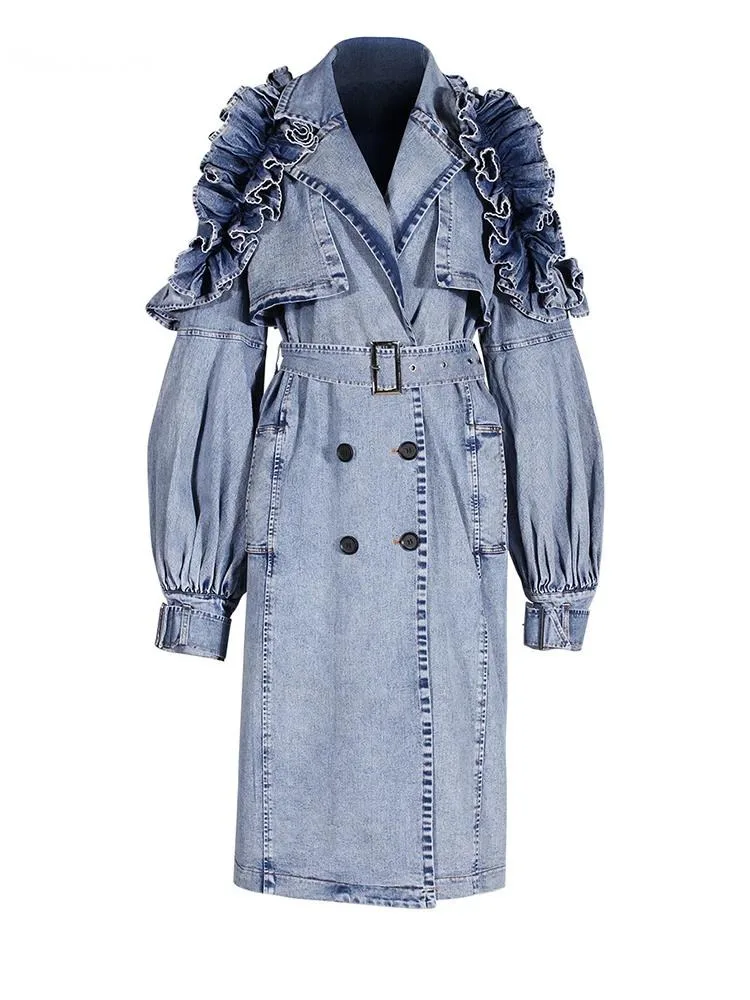 

Женский синий джинсовый Тренч с оборками большого размера, новая ветровка с длинными рукавами и лацканами, модная весна-осень