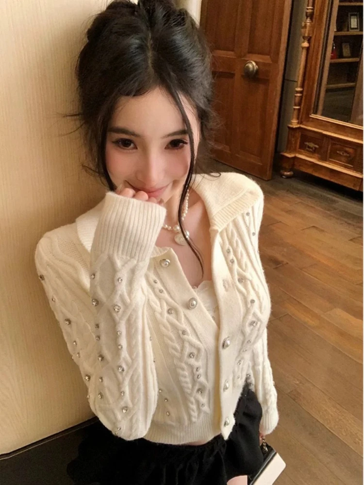 

2025 Korean Sweet Knit Cardigan Women New Design Fashion Button Cropped Solid Sweater Knit Elegant Long Sleeve Slim Y2k Clothing