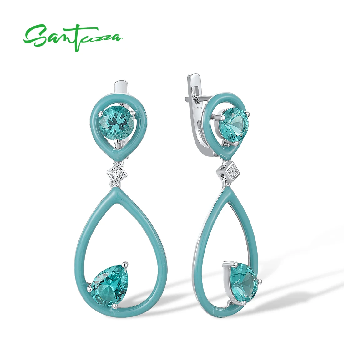 

SANTUZZA Pure 925 Sterling Silver Earrings For Women Green Spinel White CZ Dangling Pear Party Fine Jewelry Handmade Enamel