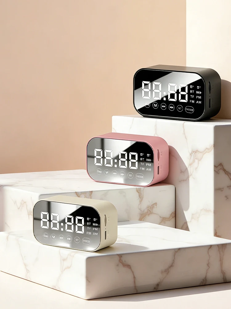 Multifunctional Bluetooth Speaker Alarm Clock, Mirror Display with Dual Alarms, FM Radio, Portable Student Bedside Clock