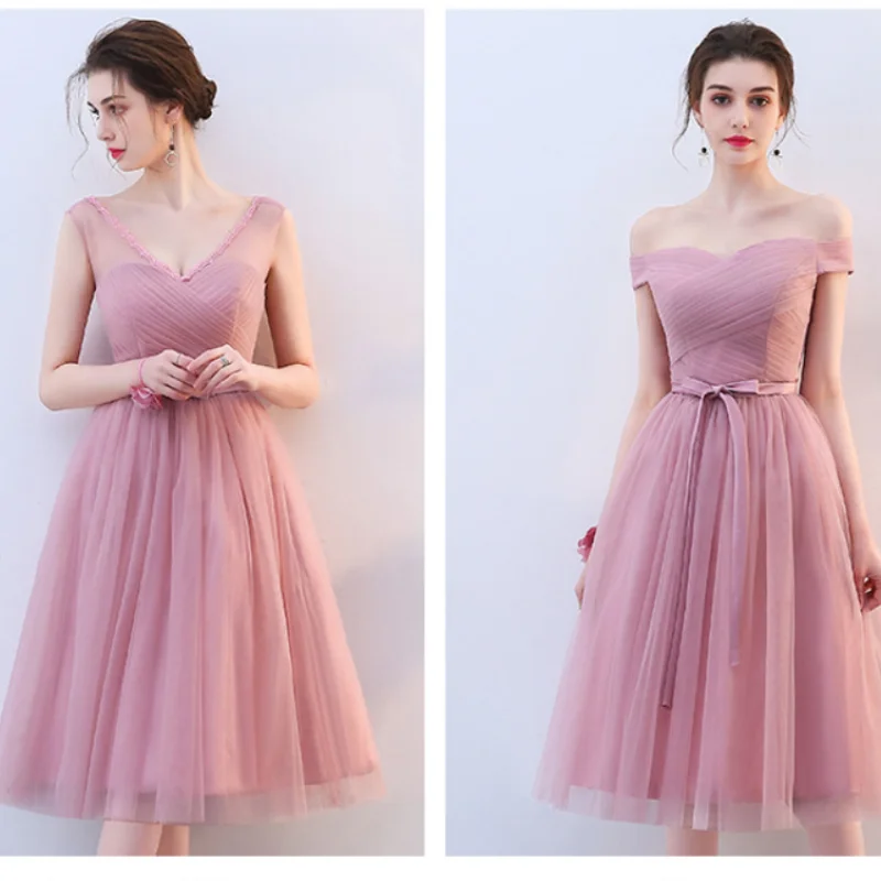 Sweet Memory F79 Custom Made Grey Pink Brdeismaid Dresses Lady Women Girl Mesh Tulle Net Graduation Gown Party Prom Dress