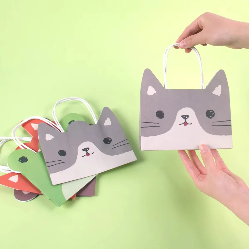 5pcs Portable Cute Animal Paper Gift Bag With Handles Frog Dog Cat Packaging Bags Birthday Party Paper Candy Bags Candy