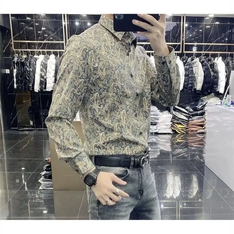 2023 Spring and Autumn New Men\'s Fashion Trendy Printed Shirt Slim Square Collar Contrast Color Long Sleeve Button Cardigan Tops