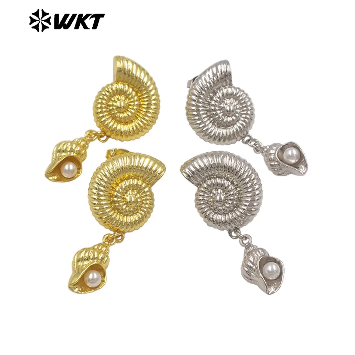 WT-ME131 WKT Wholesales Yellow Brass Artificial Pearl Silver/Gold Earring For Girl Precious Gifts 4