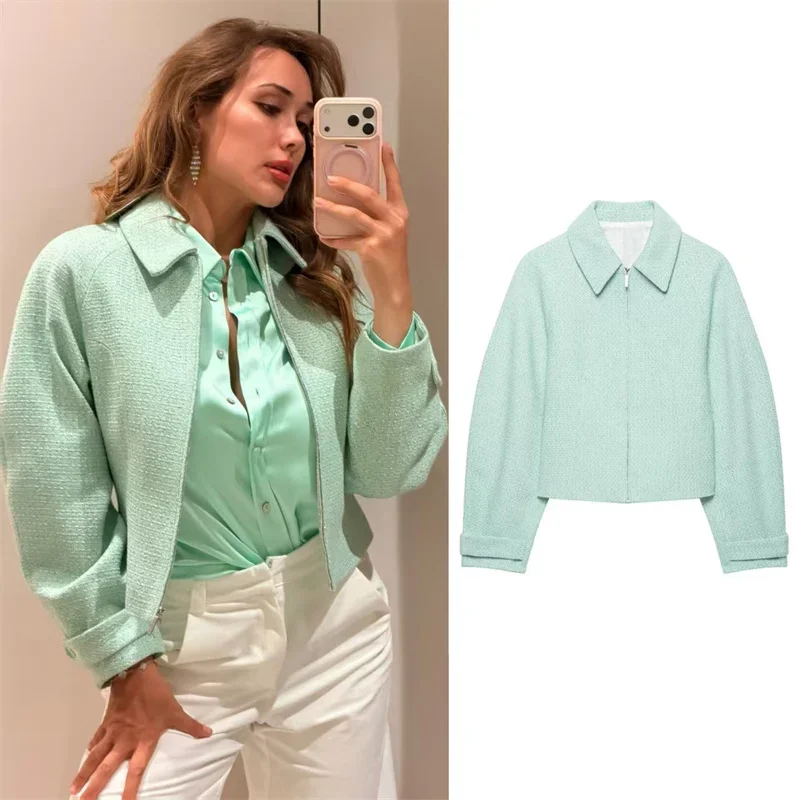 Autum New Women Jacket Arrival Mint Green Elegant Socialite Simple Parka Elegant Graceful Social Female Coat