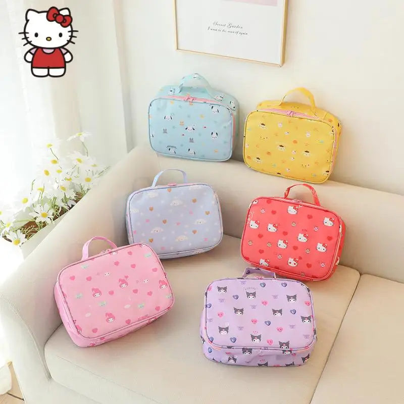 

Kawaii Hello Kitty MINISO Women Cosmetic Bag Kuromi Cinnamoroll My Melody Anime Portable Travel Wash Bags Waterproof Storage Box