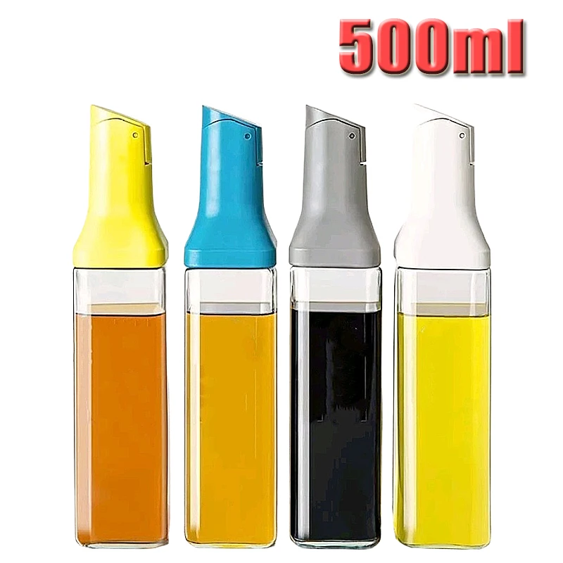1Pc 500ml Square Opening Closing Glass Oil Bottle Kitchen Sauce Vinegar Oil Seasoning Jar Leak-Proof Sauce Vinegar Sesame Bottle