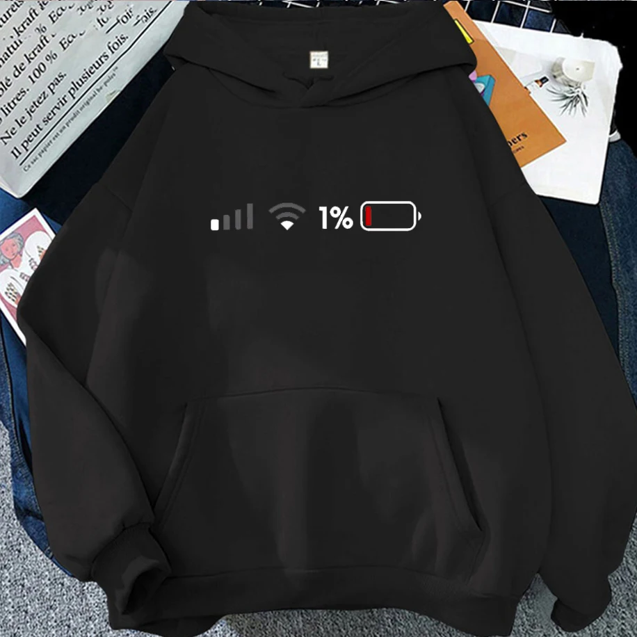 

1% Battery Graphic Unisex Hoodies Casual Breathable Oversized Loose Men Woman Top Funny Trendy Urban Streetwear Soft Sweatshirt