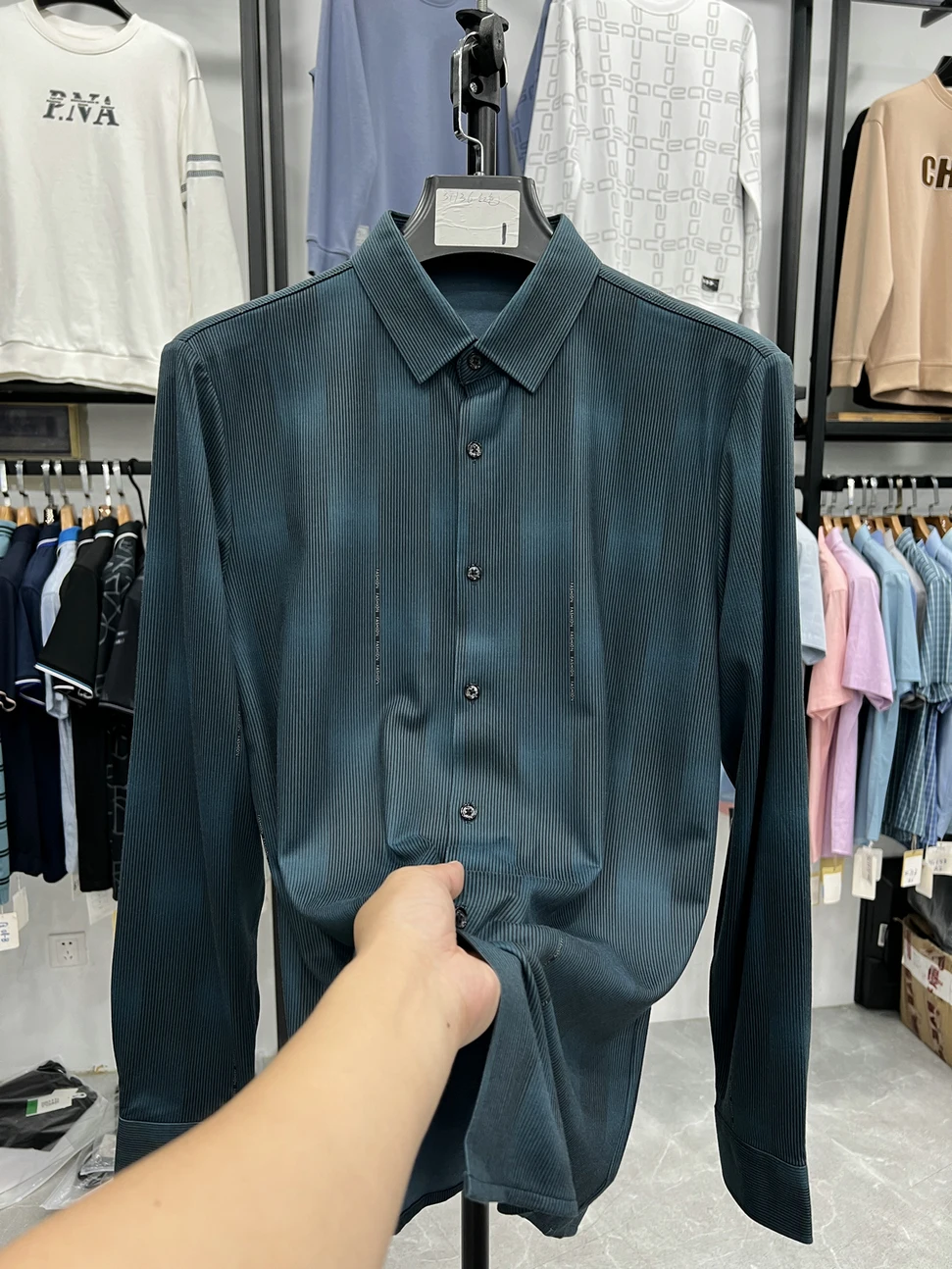 

Busin Casual Long Sve Printed irt Elastic Stand Fit Anti-Wrinkle Dad Clothes Stand Length Polyester Blend Men's...