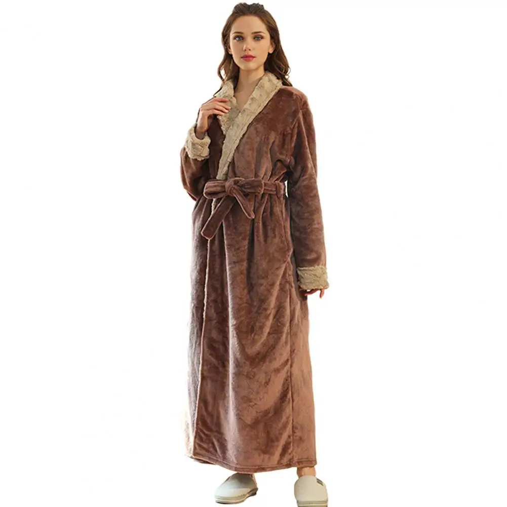Bathrobe for Ages Soft Plush Fleece Bathrobe for Women Cozy Flannel Spa Robe with Belt Thick Warm Floor-length Robe for Winter