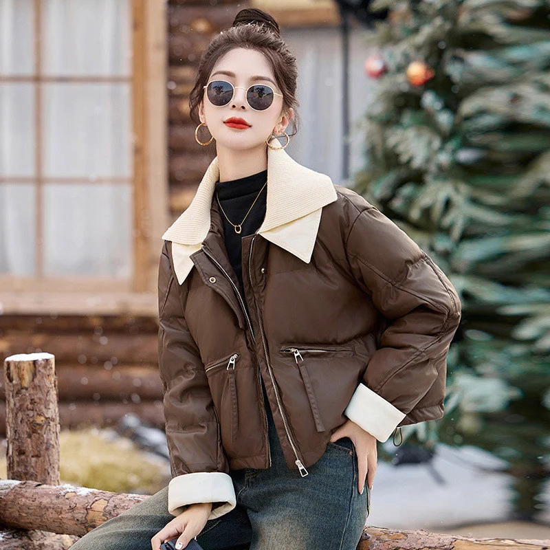 2023 neue Frauen Kurze Baumwolle Mantel Parkas Herbst Winter Unten Baumwolle Jacke Stricken Revers Kragen Winddicht Warme Mantel Verdicken