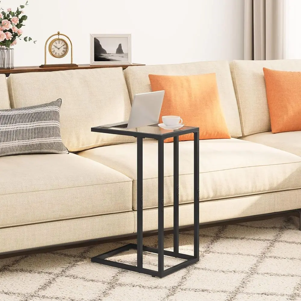 C Shaped End Table, Glass Side Table with Metal, Black Coffee Table for Small Space, Modern Style, Living Room, Black