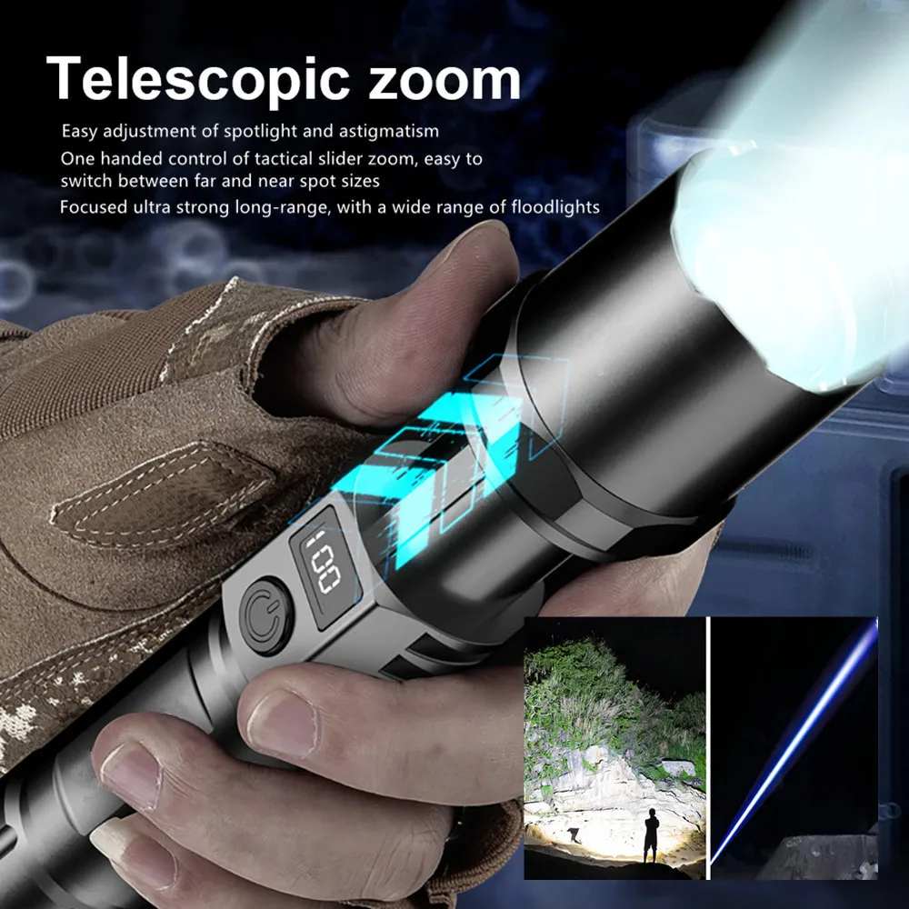 Powerful Super Bright LED Flashlight With Power Display Type-C Rechargeable Light Telescopic Zoom Torch Lamp For Camping Fishing