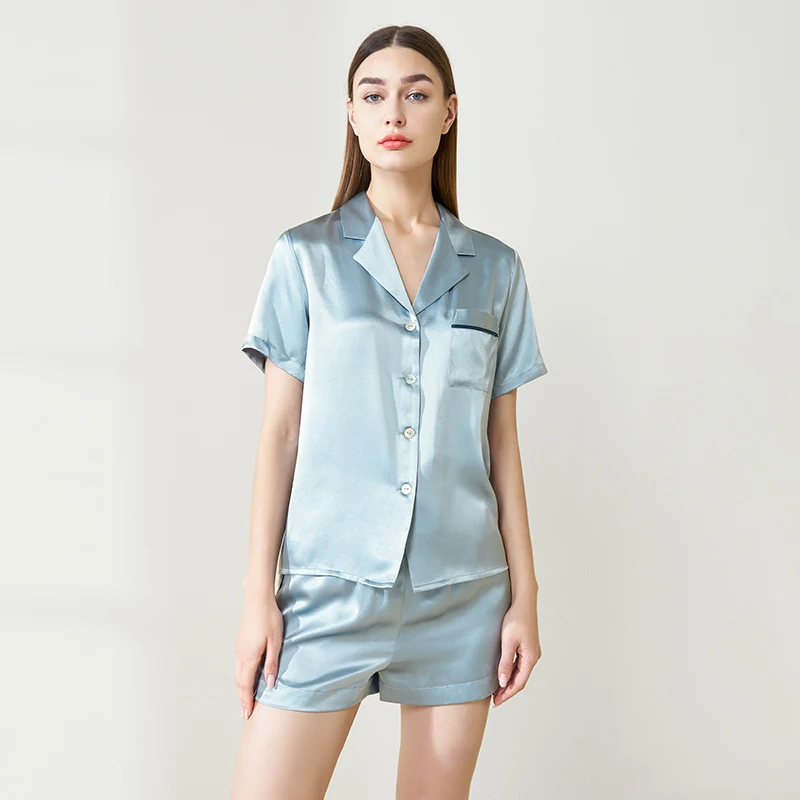 

19MM Real Mulberry Silk Short Sleeve and Shorts Pijama 2pcs Set Button Down Lapel Cardigan Nightwear Pajamas Summer Loungewear