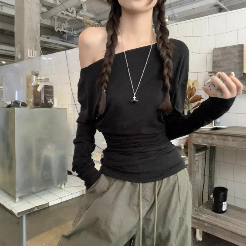 Y2K K-fashion Japanese Off-Shoulder t shirt Woman Clothing Cute Hot girl Long Sleeves Tee Shirt Slim Women Kpop Sexy 90S  Tops